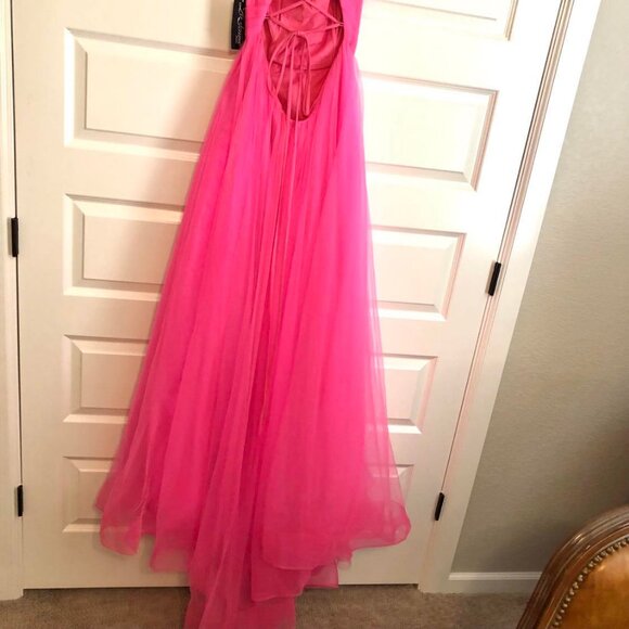 NWT LA FEMME Pink Neon Light Tulle Gown Sweetheart Neck Laceup Back 10 MSRP $408 - Picture 6 of 11